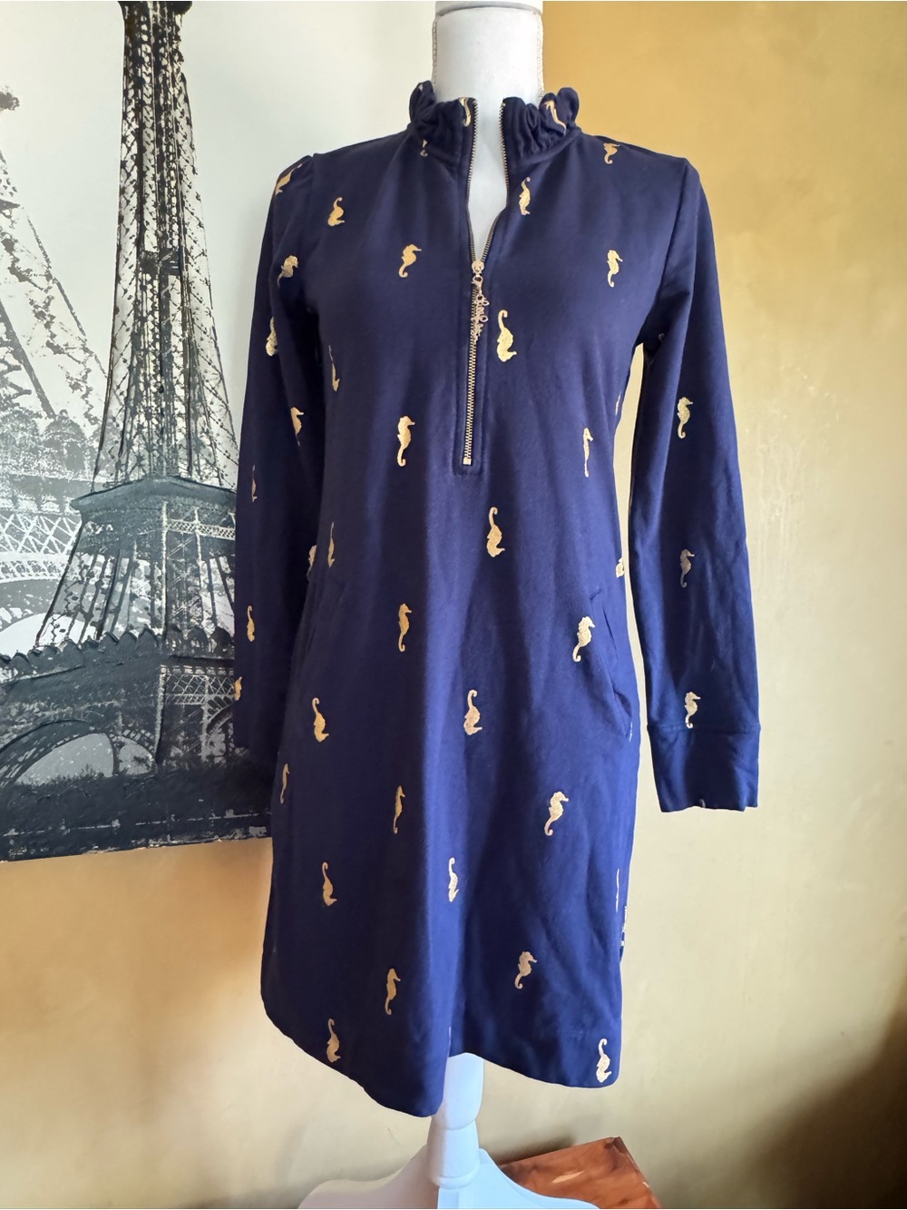 Lilly Pulitzer Navy Long-Sleeve Zip-Front Seahorse Print Dress